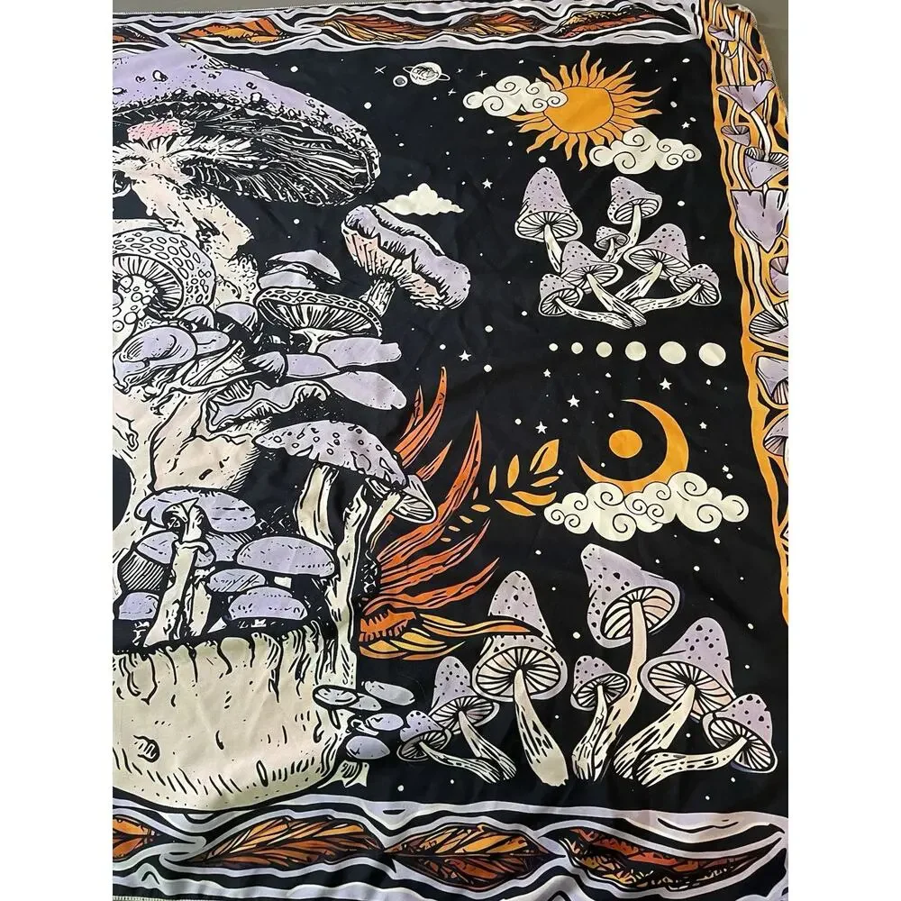 Psychedelic Mushroom Tapestry Black Celestial Sun Moon Stars Trippy Wall Hanging